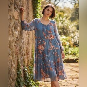 Sundance Meadows Explored Blue Floral Long Sleeve Midi Dress crinkled chiffon PL